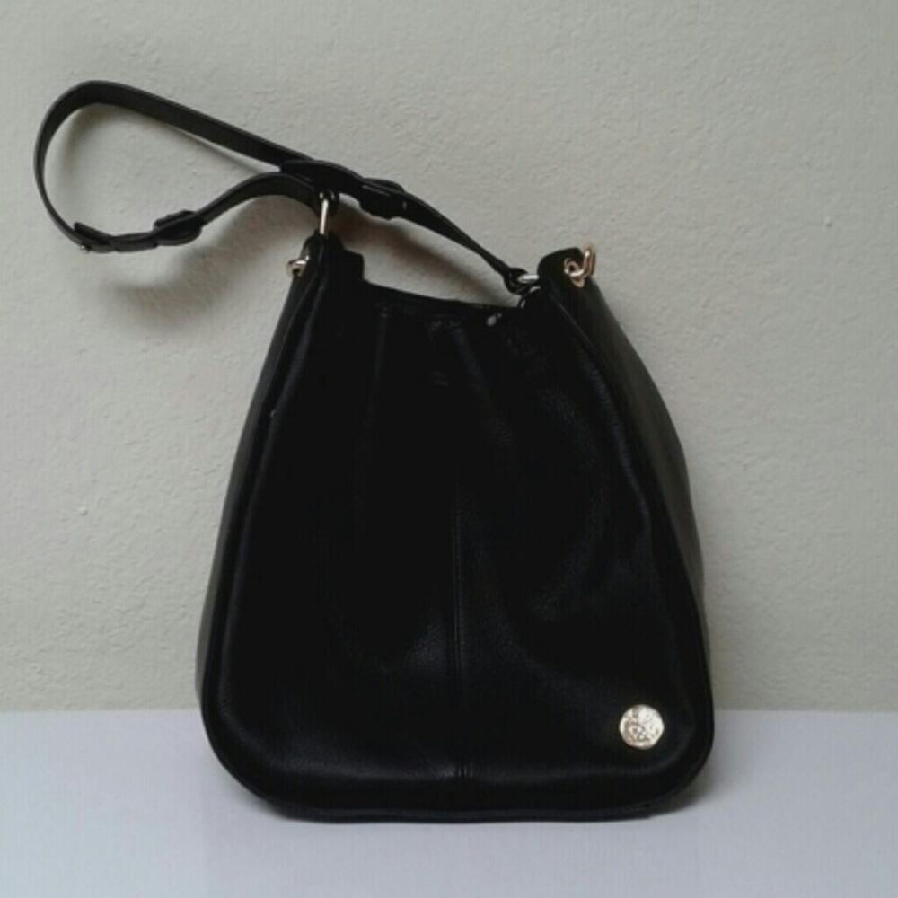 Vince Camuto black leather satchel weave accent shoulder bag purse NWT